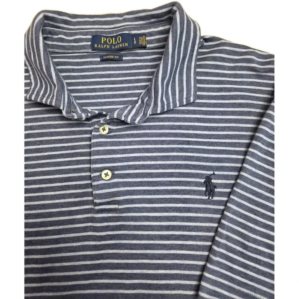 Polo Ralph Lauren Shirt Men Large Blue Striped Two Tone Classic Fit Short Sleeve